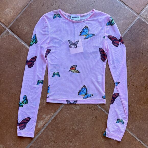 Superdown NWT "Ari" Pink Butterflies Sheer Mesh Long Sleeve T Shirt size XS - Picture 9 of 9